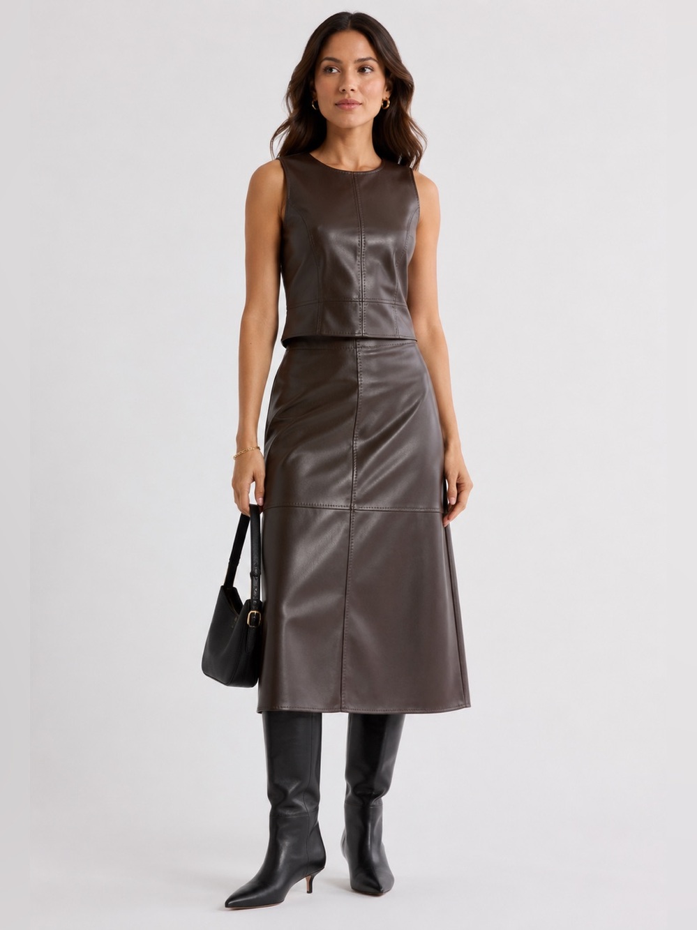 Max Studio London Brown Faux Leather Sleeveless Top | Chocolate Brown | Size M